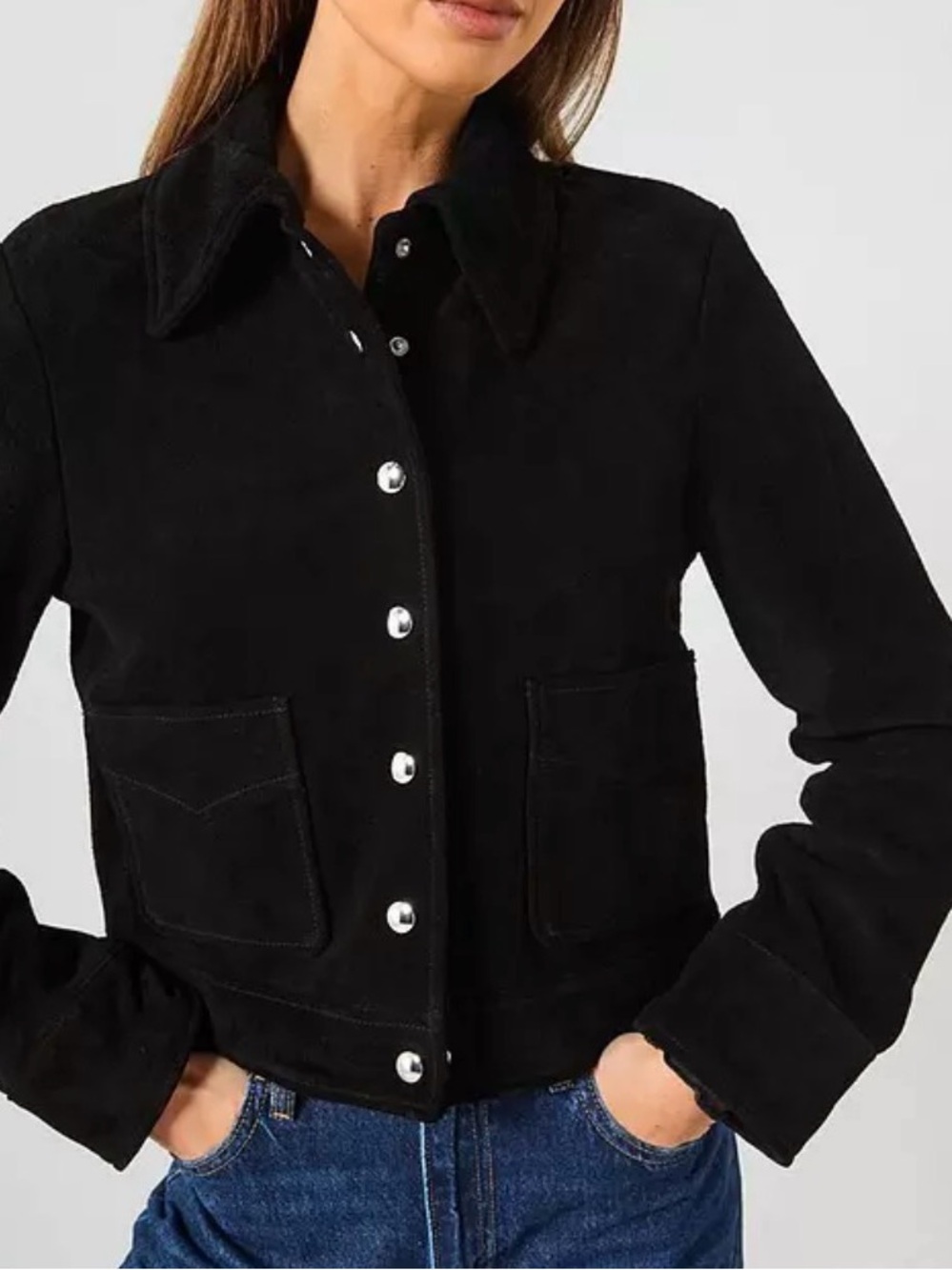 NWT Mango Women’s Black Snap-Front Suede Jacket